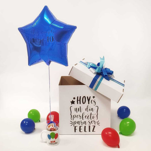 Regalo original para cumpleaños, caja con globos y golosinas para regalar con taza
