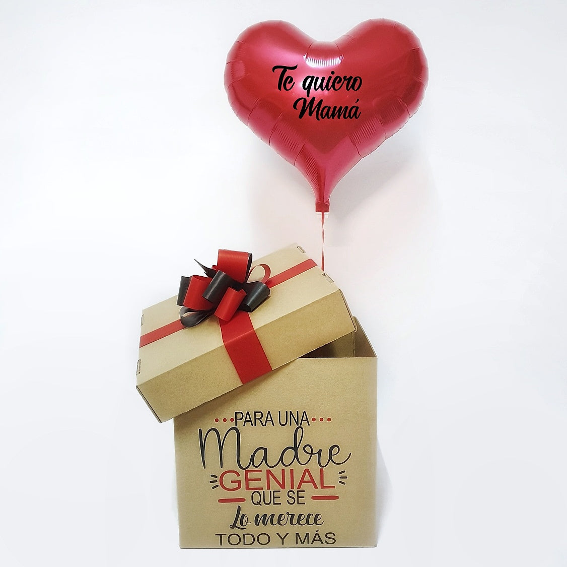 Caja para regalar a mamá y sorprenderla deseándole mucho amor y felicidades con un globo personalizado, al abrirla saldrá un corazón con una frase personalizada