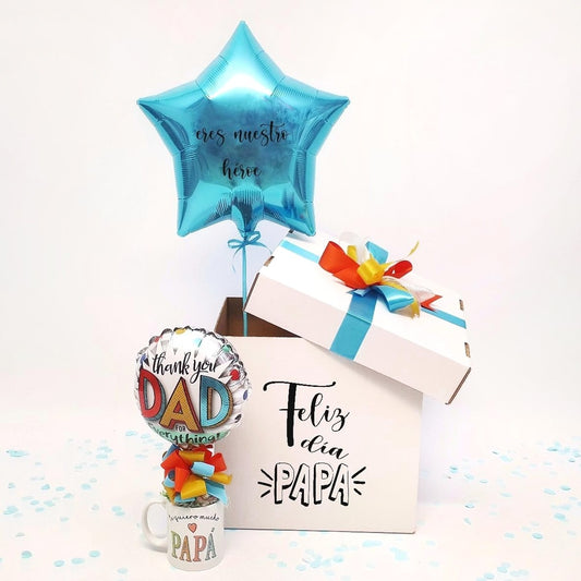 Regalo original para regalar a papá en su cumpleaños o para el día del padre, al abrir la caja saldrá un globos personalizado atado a una taza con gominolas