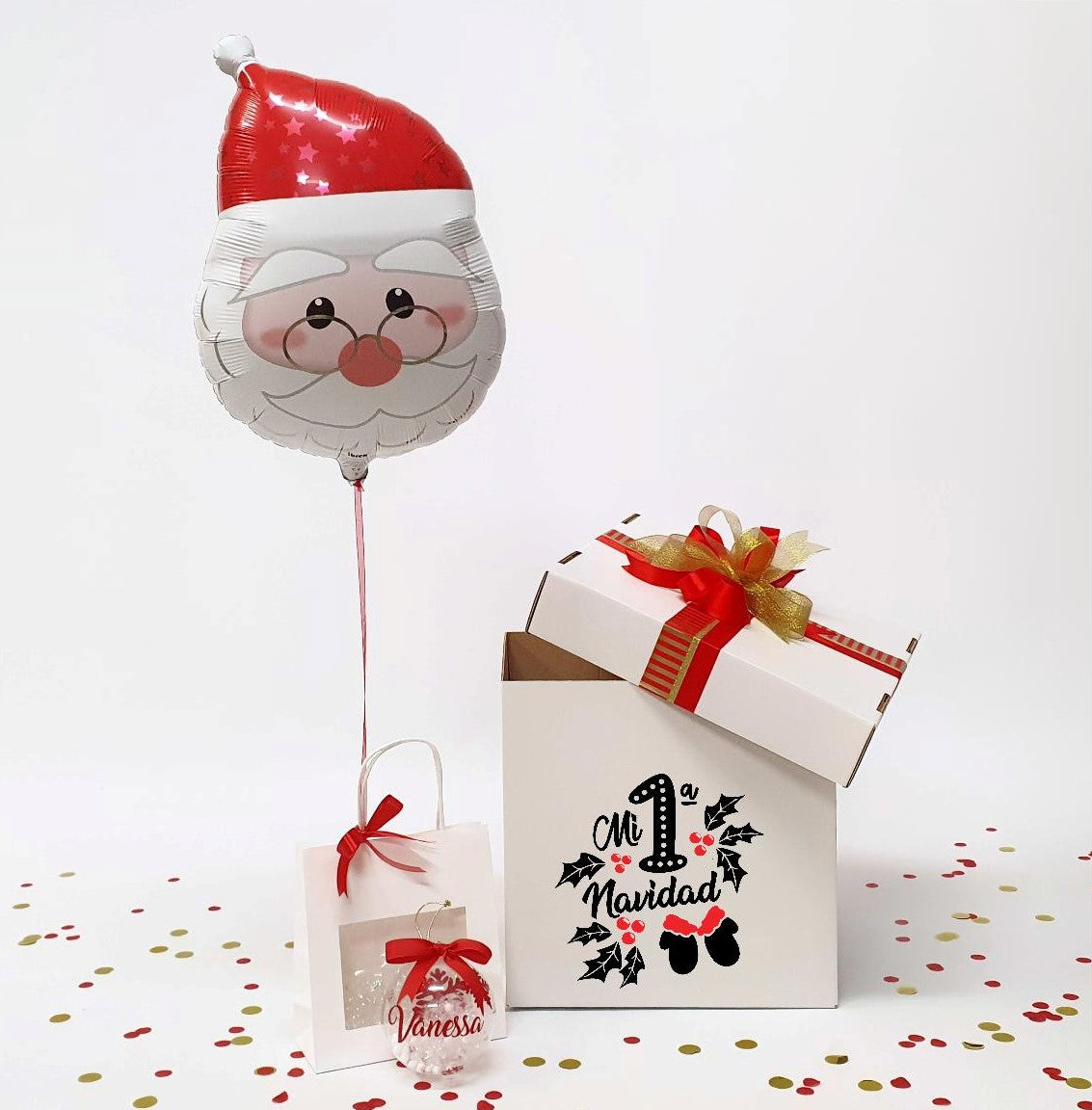 Caja sorpresa con globo de navidad y bola personalizada